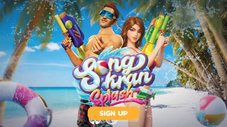 "Songkran Splash slot game by PG Soft, featuring vibrant graphics of the Thai New Year festival with cascading reels and bonus features."

