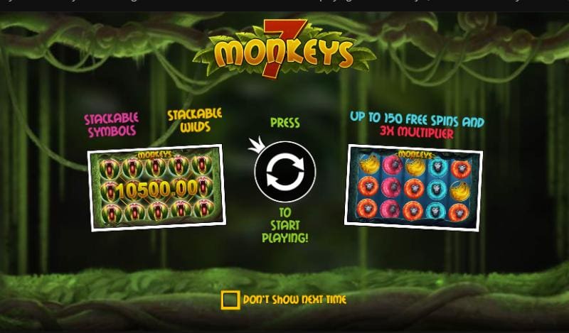 Vibrant 7 Monkeys slot reels with tropical jungle and colorful monkey symbols.